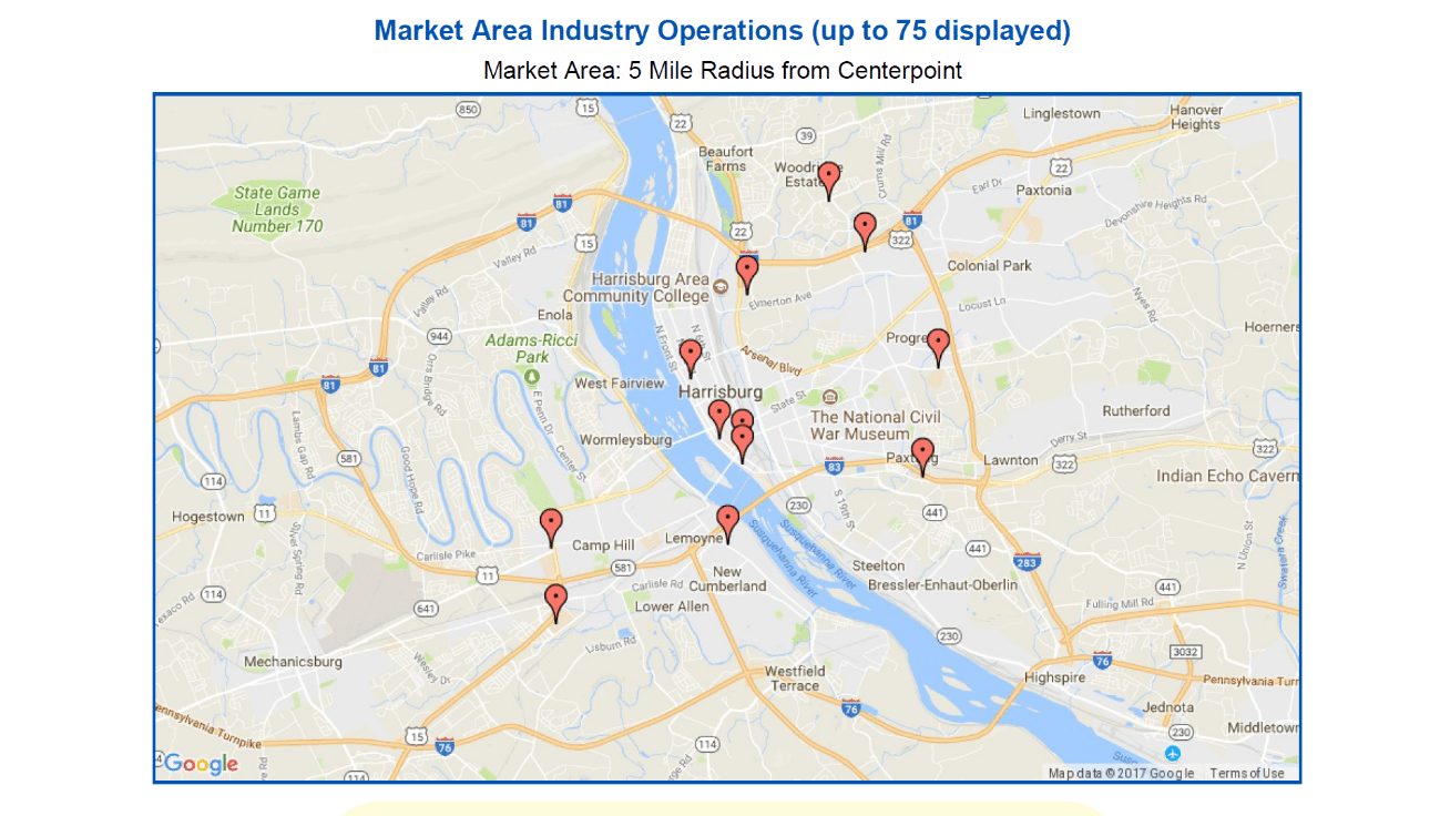 Market area operations map with location points