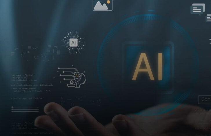 man holding out AI graphic